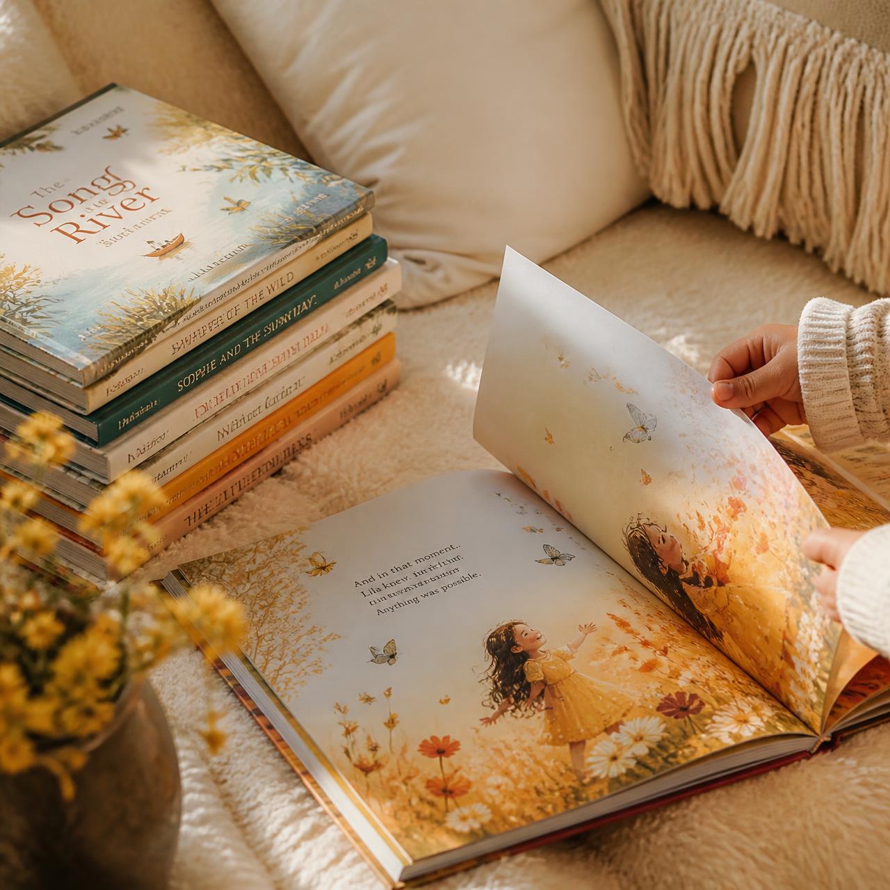 A stack of colourful children's picture books beside an open illustrated page